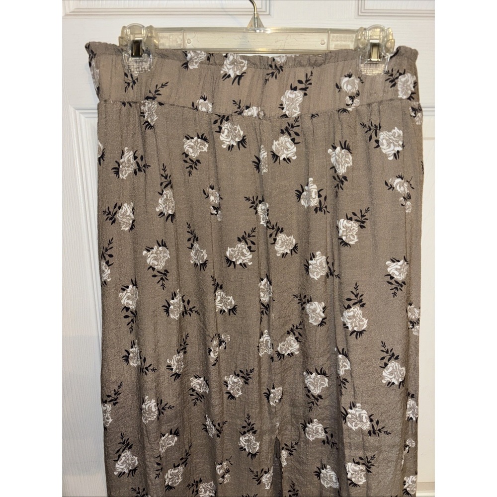 Bibi XL Tan Ivory Green Floral Midi Skirt Cottagecore Prairie Boho Slit Pull On - Picture 3 of 12